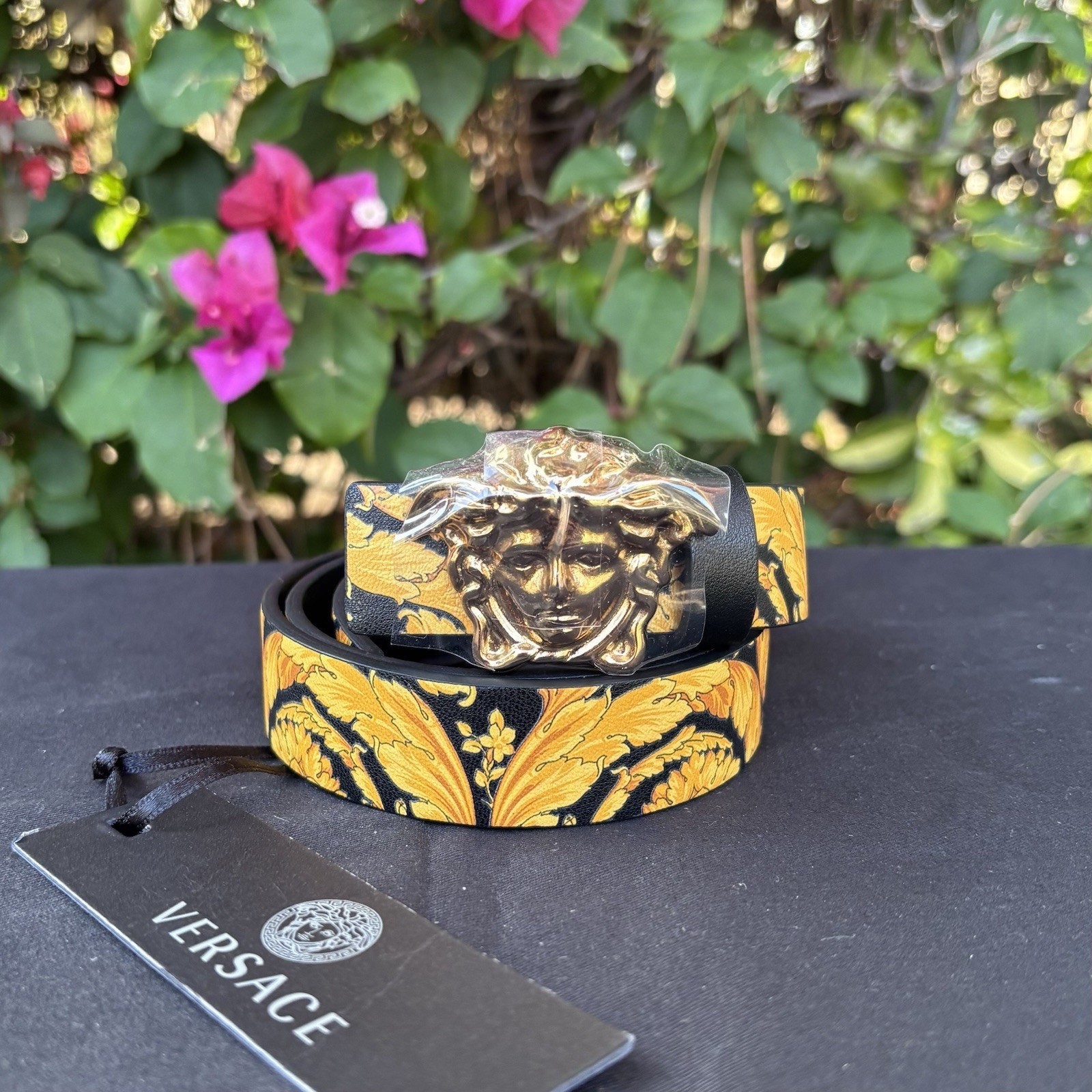 Versace Medusa Baroque Leather Belt Kids Teen Unisex Black Yellow Sz M